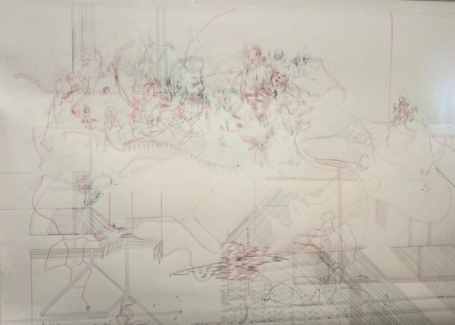 Abstrakte Zeichnung von Constantin Luser mit feinen Linien, überlagernden Figuren und geometrischen Strukturen. Foto: Christa Linossi.